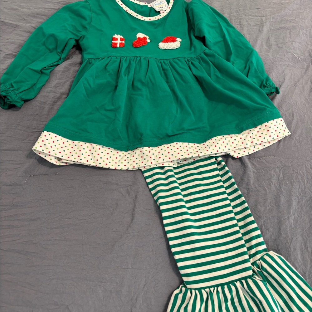 Green Holiday Shirt with Striped Leggings